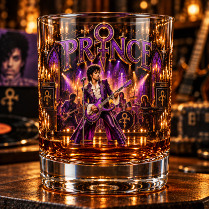 Prince Legend Music Whiskey Glass, Classic Pop Rock Lowball Glass, Purple Rain Barware