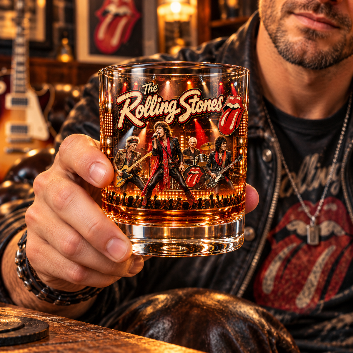The Rolling Stones Rock Band Whiskey Glass, Classic Rock Music Lowball Glass