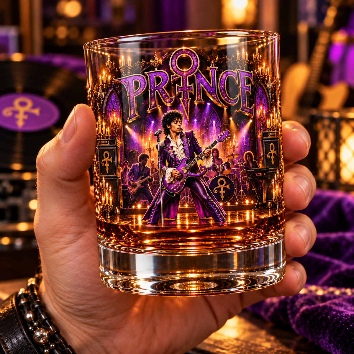 Prince Legend Music Whiskey Glass, Classic Pop Rock Lowball Glass, Purple Rain Barware
