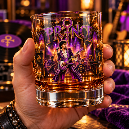 Prince Legend Music Whiskey Glass, Classic Pop Rock Lowball Glass, Purple Rain Barware