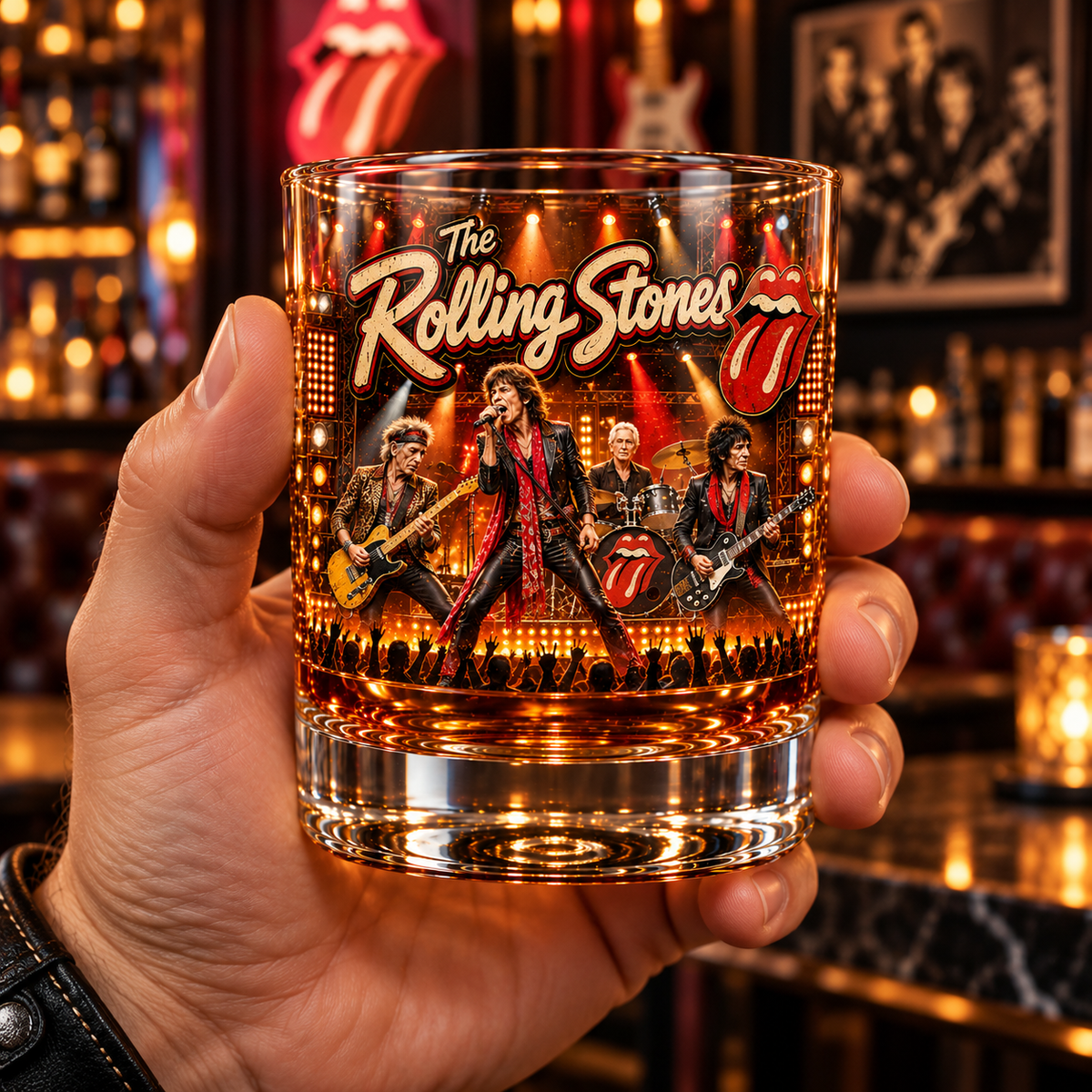 The Rolling Stones Rock Band Whiskey Glass, Classic Rock Music Lowball Glass