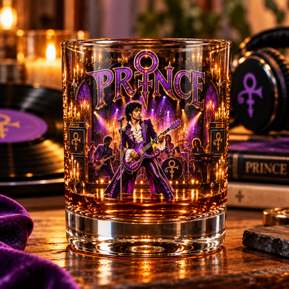 Prince Legend Music Whiskey Glass, Classic Pop Rock Lowball Glass, Purple Rain Barware