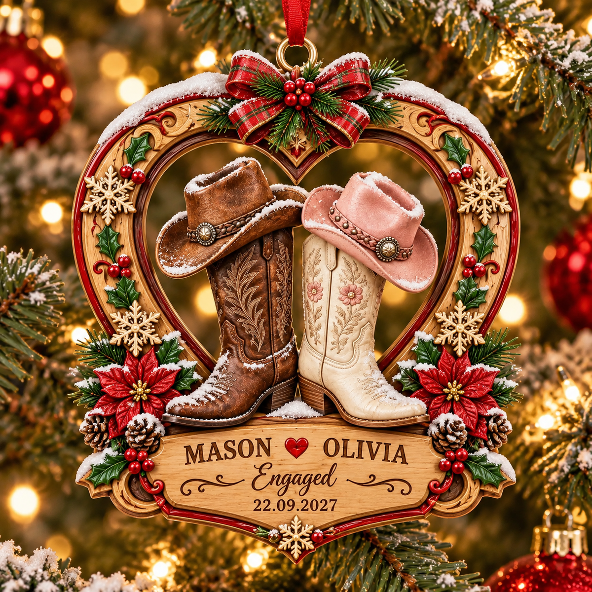 Personalized Western Cowboy Boots Christmas Ornament, Custom Couples Engaged, Country Heart Christmas Tree Hanging Decoration