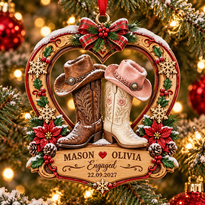 Personalized Western Cowboy Boots Christmas Ornament, Custom Couples Engaged, Country Heart Christmas Tree Hanging Decoration