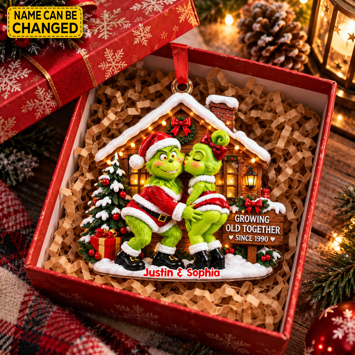 Personalized Grinch Couple Christmas Ornament, Custom Names & Year Holiday Tree Decor, Growing Old Together Keepsake