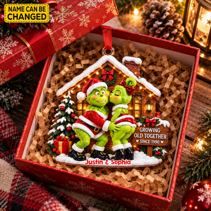 Personalized Grinch Couple Christmas Ornament, Custom Names & Year Holiday Tree Decor, Growing Old Together Keepsake