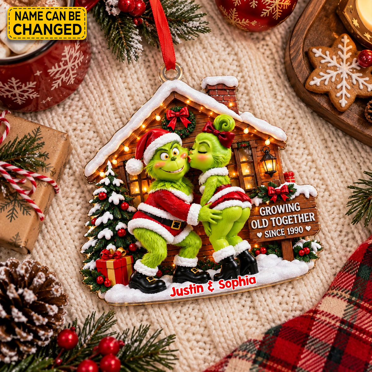 Personalized Grinch Couple Christmas Ornament, Custom Names & Year Holiday Tree Decor, Growing Old Together Keepsake