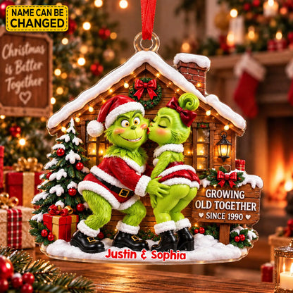 Personalized Grinch Couple Christmas Ornament, Custom Names & Year Holiday Tree Decor, Growing Old Together Keepsake