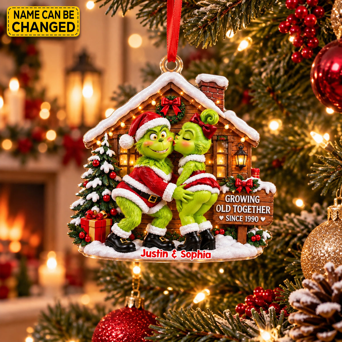 Personalized Grinch Couple Christmas Ornament, Custom Names & Year Holiday Tree Decor, Growing Old Together Keepsake