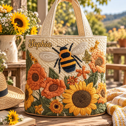 Personalized Bee and Sunflower Quilted Tote Bag, Custom Name Floral Beach Bag