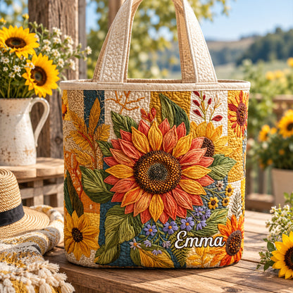 Personalized Sunflower Quilted Tote Bag, Custom Name Floral Beach Bag