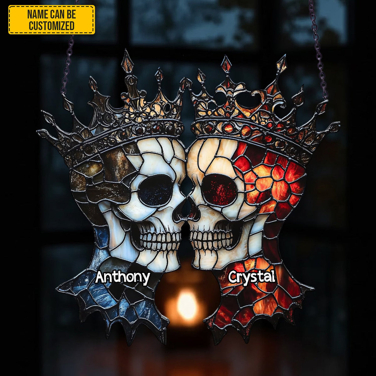 Couple Skull Suncatcher - Beautiful Couple Shape Stained Glass Suncatcher