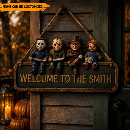 Personalized Horror Icons Welcome Wooden Sign