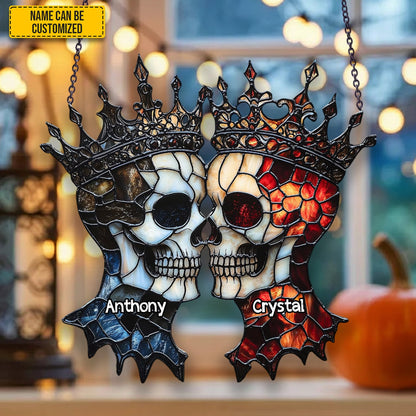 Couple Skull Suncatcher - Beautiful Couple Shape Stained Glass Suncatcher