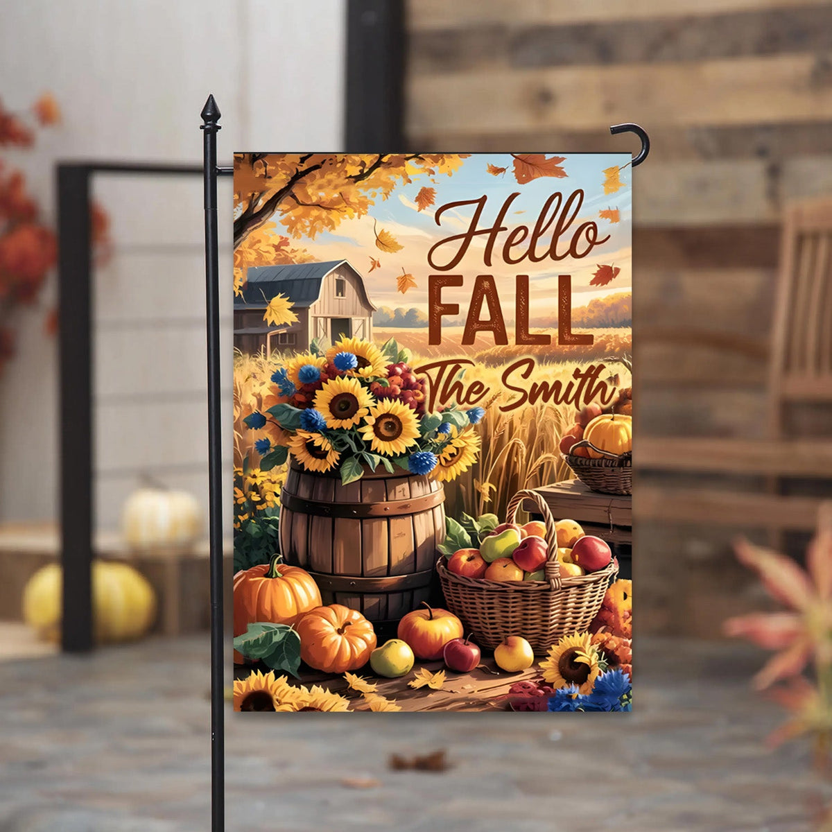Hello Fall Autumnal Scene with Pumpkins - Perfect for Outdoor Decor, Garden Flag, House Flag