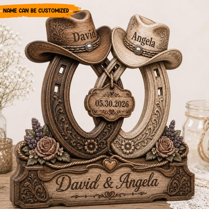 Personalized Western Wedding Horseshoe Wooden Block Sign - Cowboy & Cowgirl Couple Decor