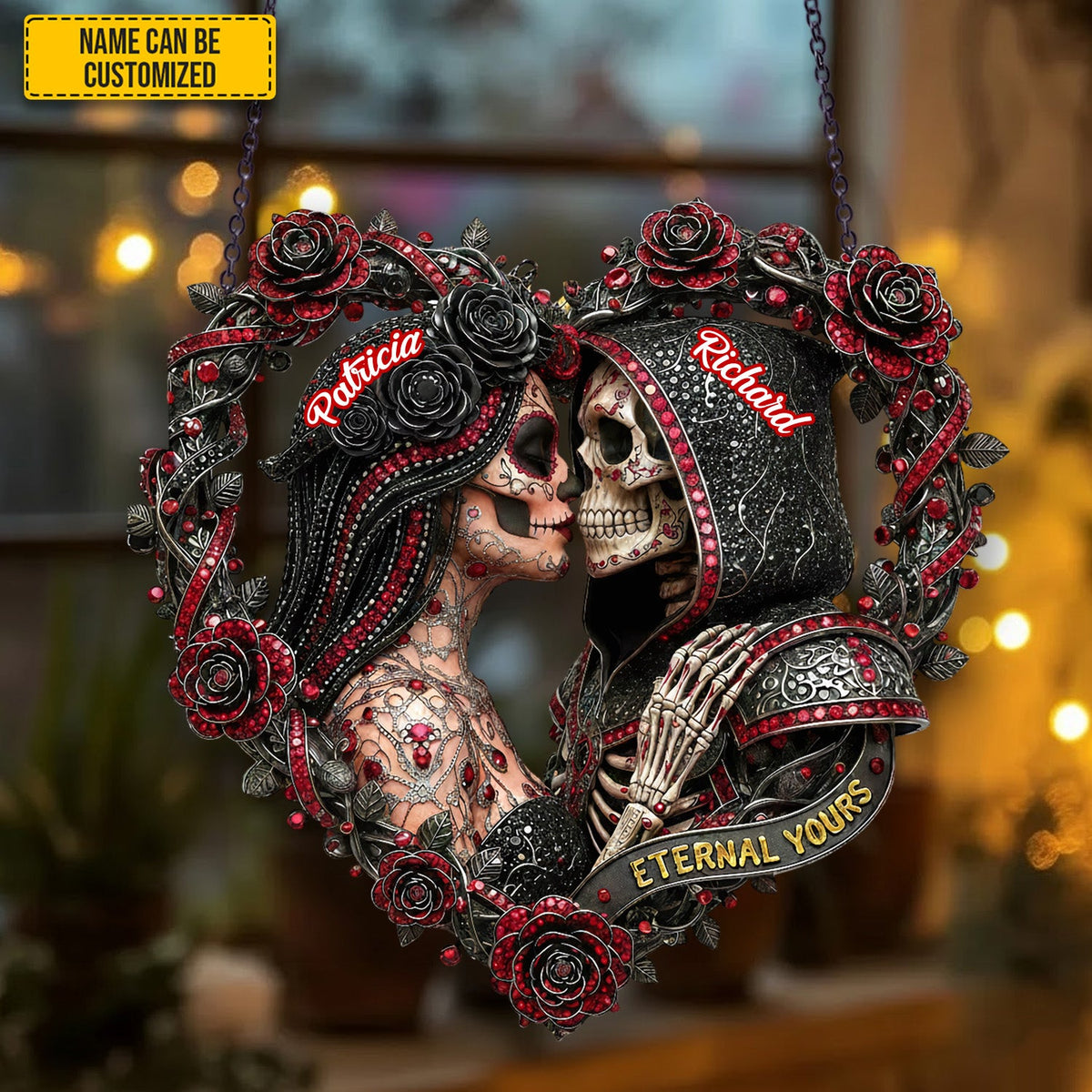 Couple Skull Suncatcher - Personalized Couple Shape Stained Glass Suncatcher