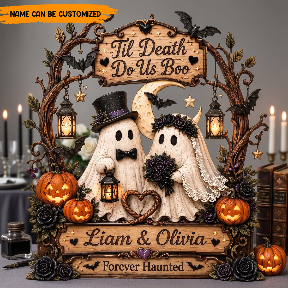 Til Death Do Us Boo Personalized Wooden Block Sign, Cute Ghost Couple Halloween Wedding Plaque