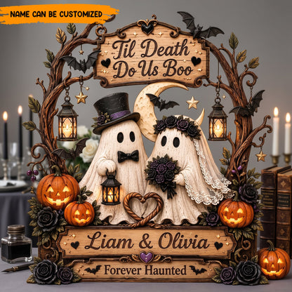 Til Death Do Us Boo Personalized Wooden Block Sign, Cute Ghost Couple Halloween Wedding Plaque