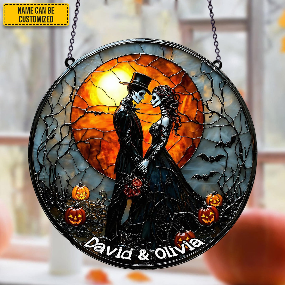 Couple Skull Suncatcher - Personalized Couple Stained Glass Suncatcher