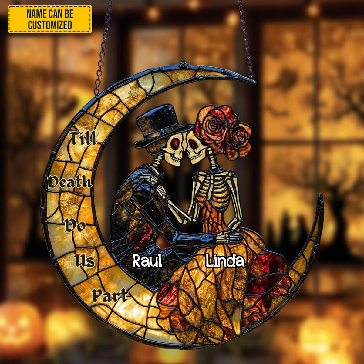 Couple Skull Suncatcher - Beautiful Couple Shape Stained Glass Suncatcher