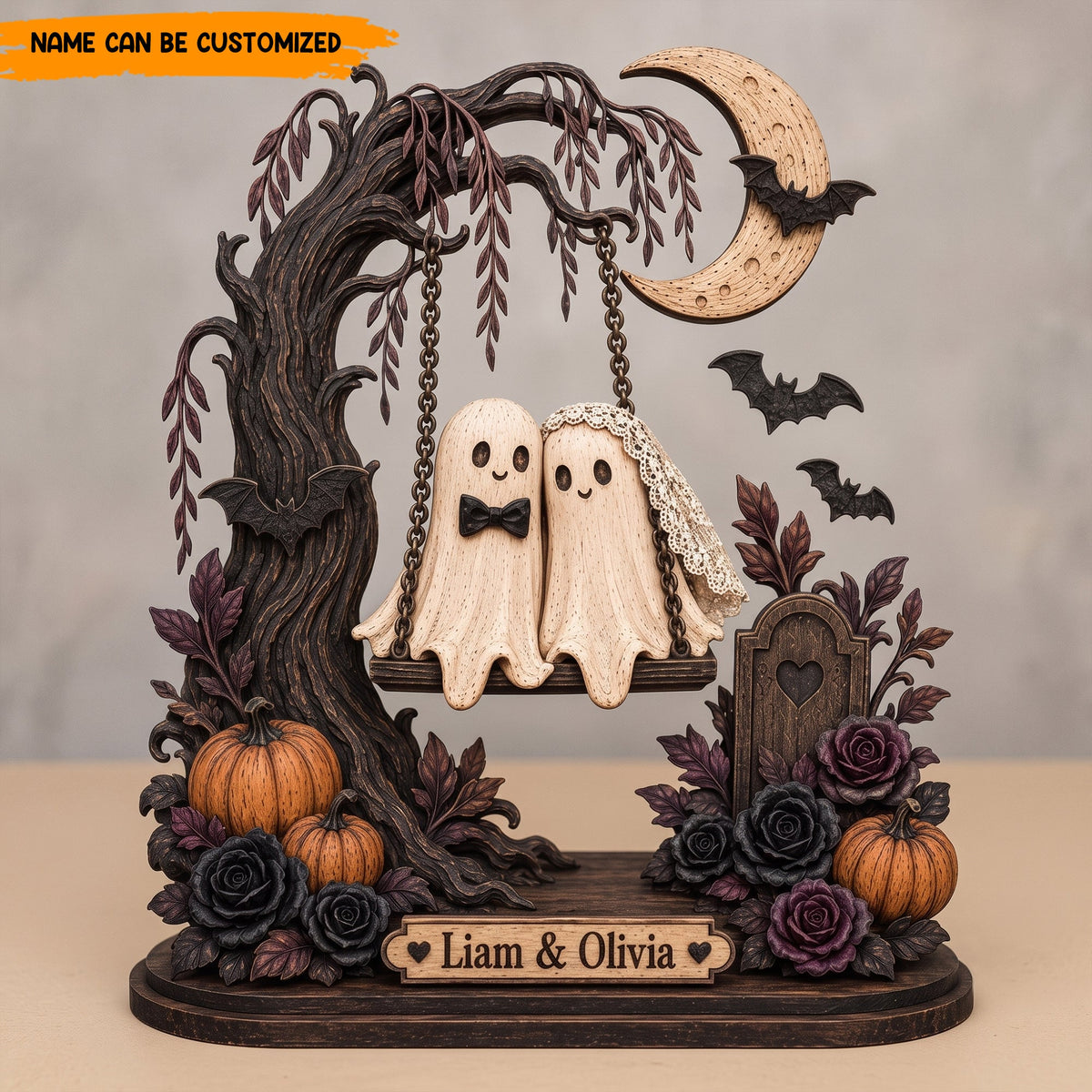 Personalized Halloween Ghost Couple Swing Wooden Block - Custom Name Romantic Halloween Keepsake Gift
