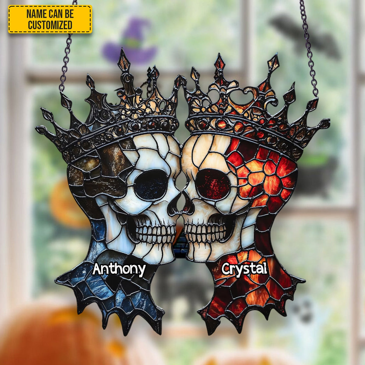 Couple Skull Suncatcher - Beautiful Couple Shape Stained Glass Suncatcher