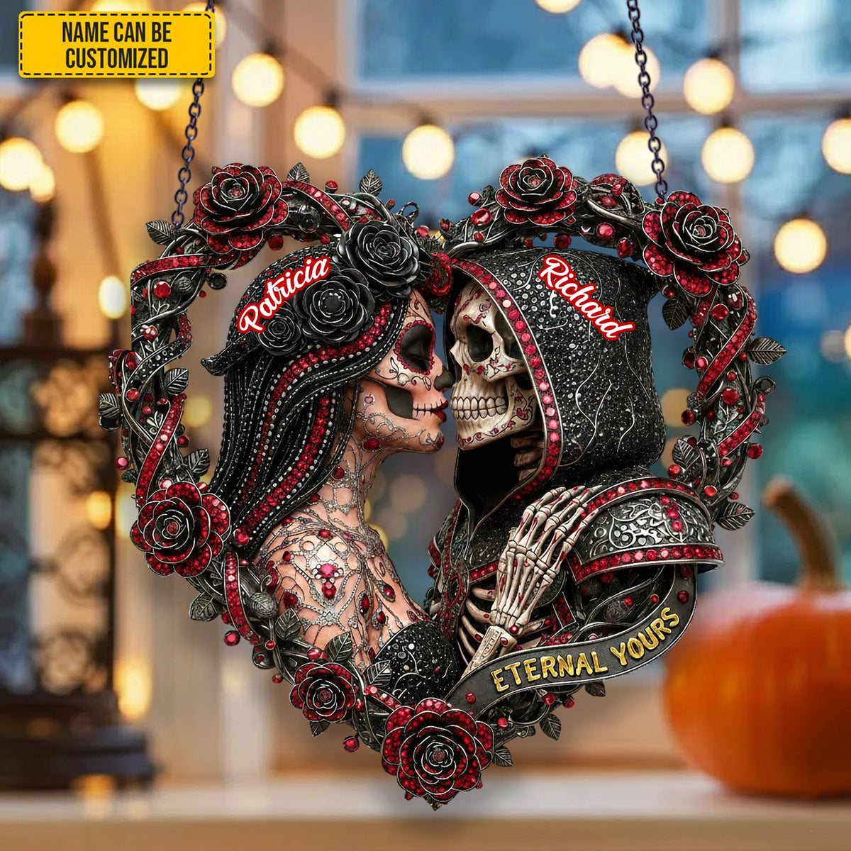 Couple Skull Suncatcher - Personalized Couple Shape Stained Glass Suncatcher