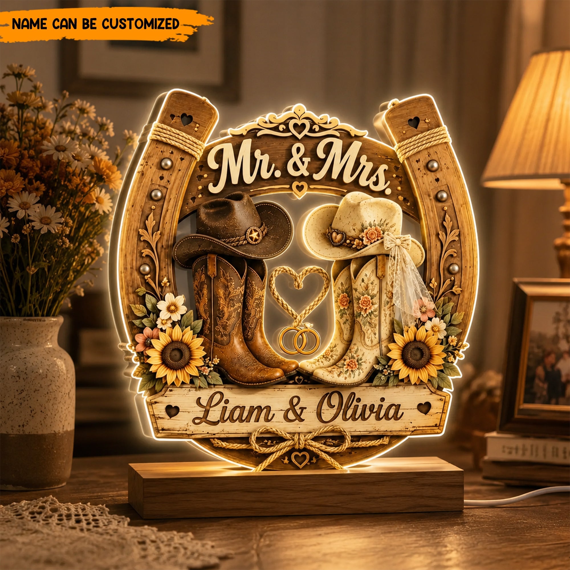 Personalized Western Wedding Acrylic Light box, Cowboy Boots Couple De ...