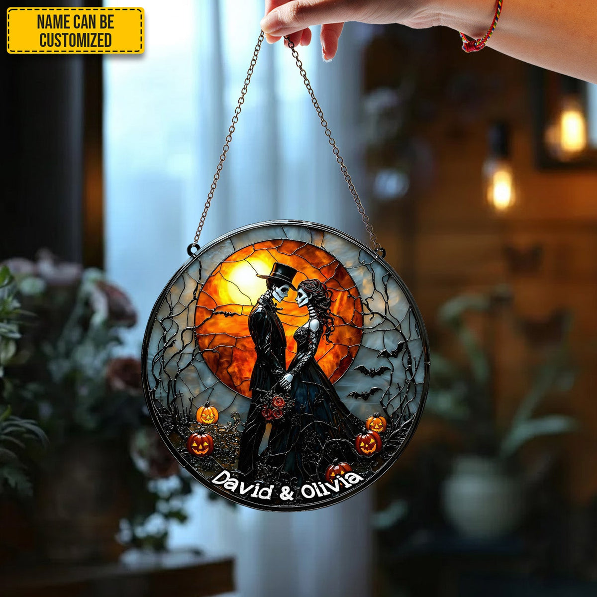 Couple Skull Suncatcher - Personalized Couple Stained Glass Suncatcher