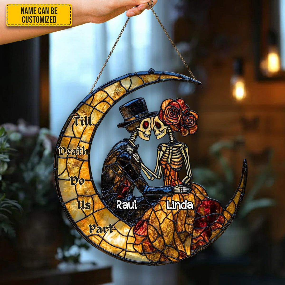 Couple Skull Suncatcher - Beautiful Couple Shape Stained Glass Suncatcher