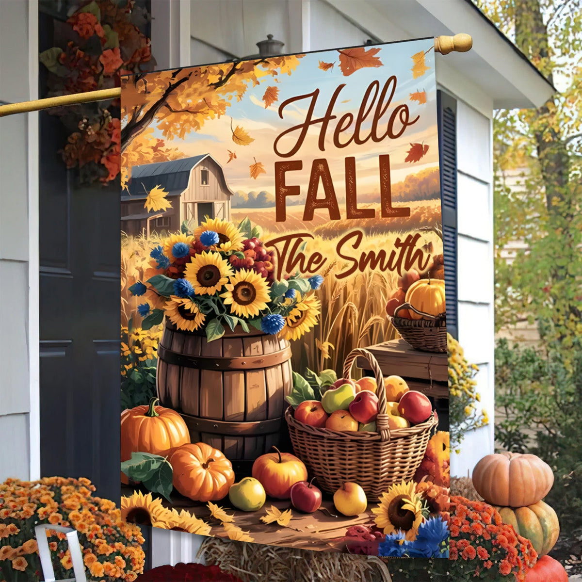 Hello Fall Autumnal Scene with Pumpkins - Perfect for Outdoor Decor, Garden Flag, House Flag