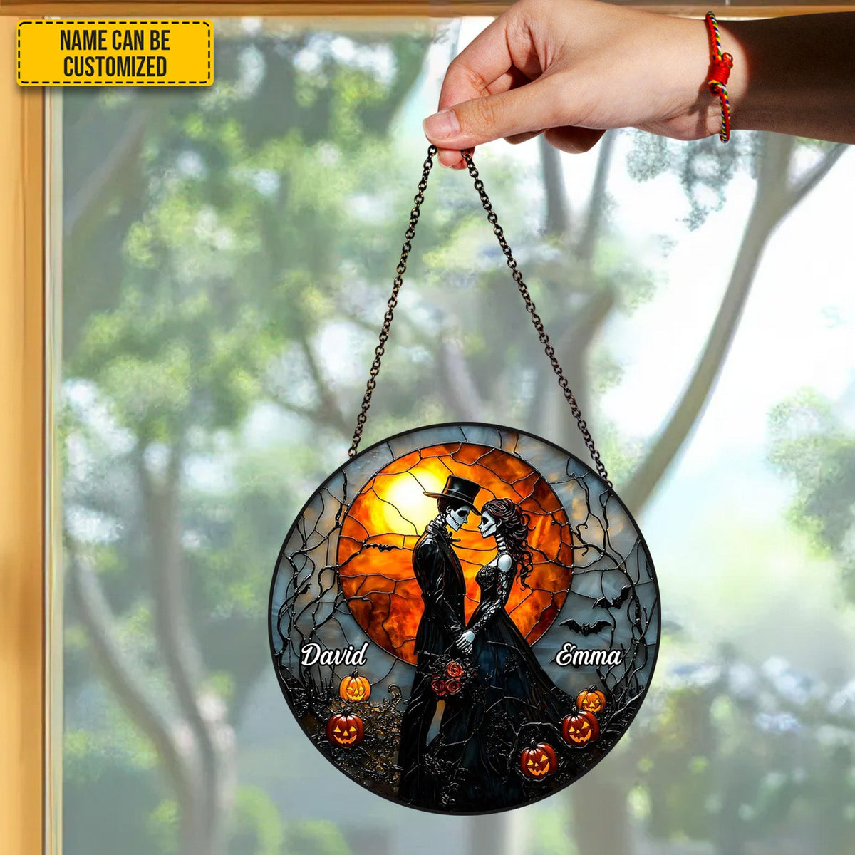 Personalized Gothic Skull Couple Stained Glass Suncatcher
