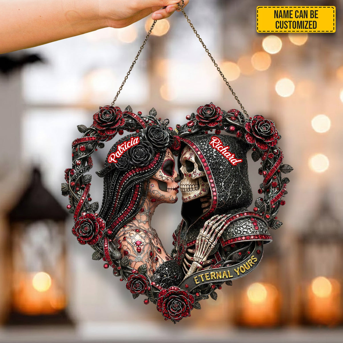 Couple Skull Suncatcher - Personalized Couple Shape Stained Glass Suncatcher