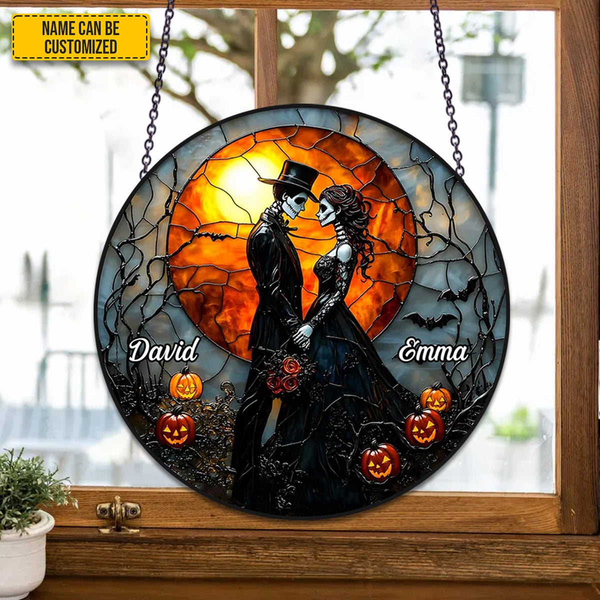 Personalized Gothic Skull Couple Stained Glass Suncatcher