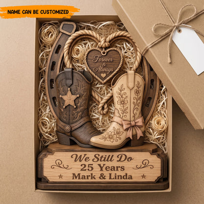 Personalized Western Cowboy Boots & Horseshoe Wooden Block - Forever & Always Anniversary Gift