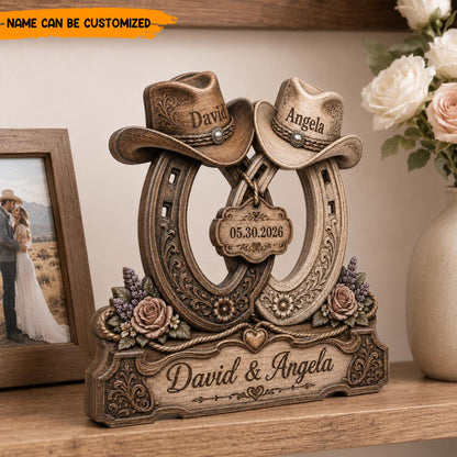 Personalized Western Wedding Horseshoe Wooden Block Sign - Cowboy & Cowgirl Couple Decor
