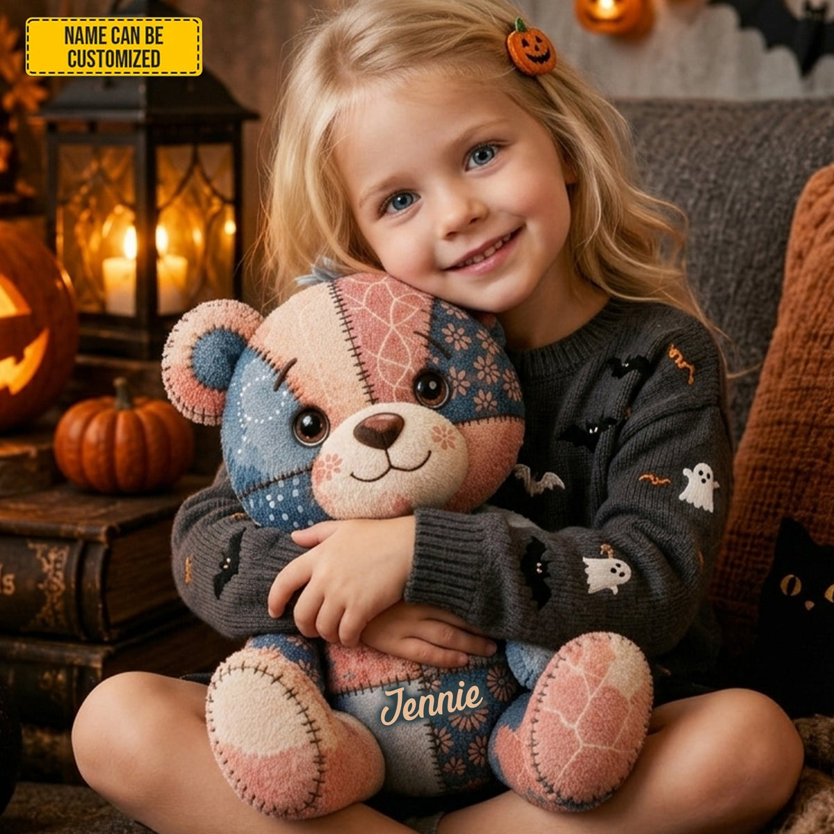 Personalized Halloween Patchwork Teddy Bear Pillow