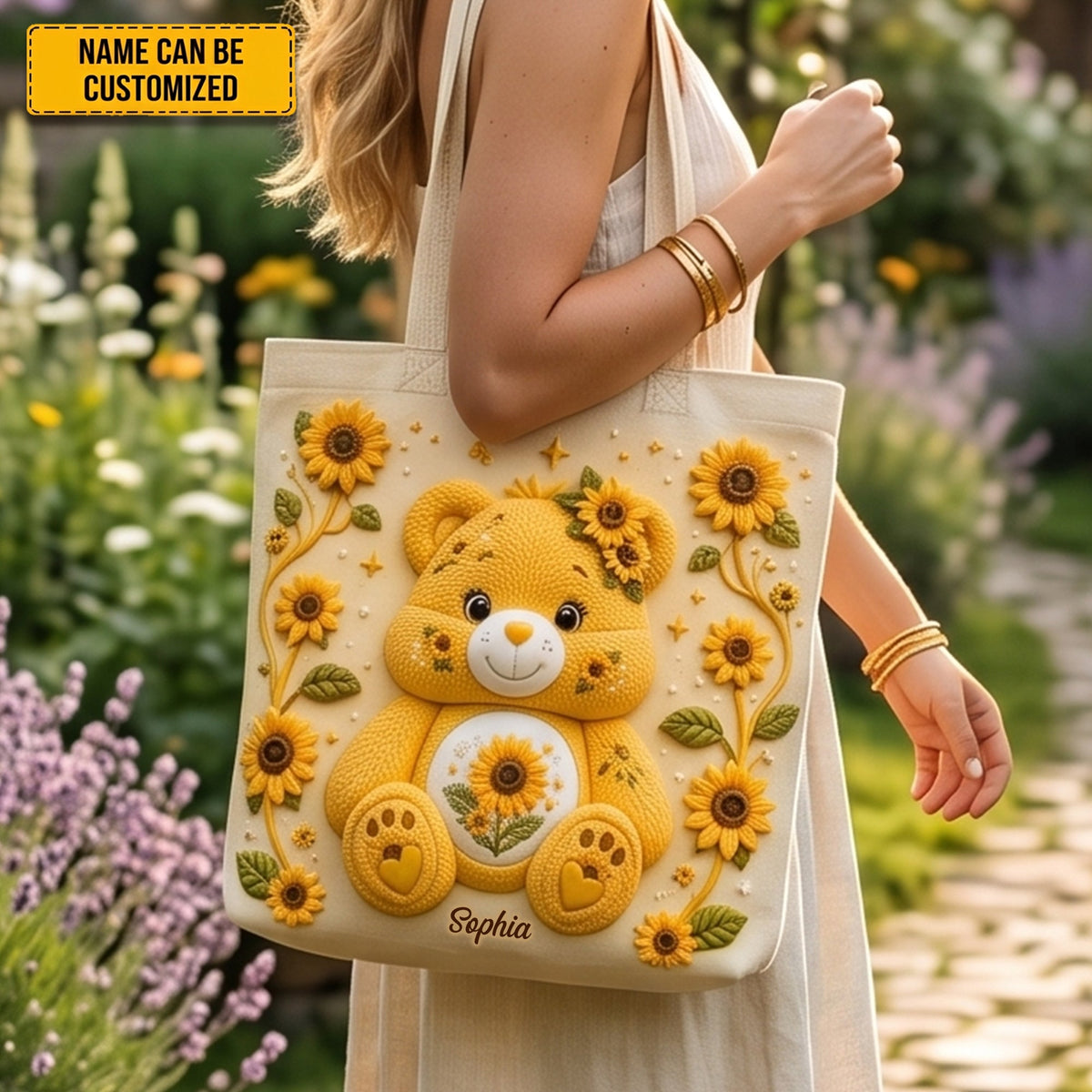 Personalized Bear Sunflower Tote Bag
