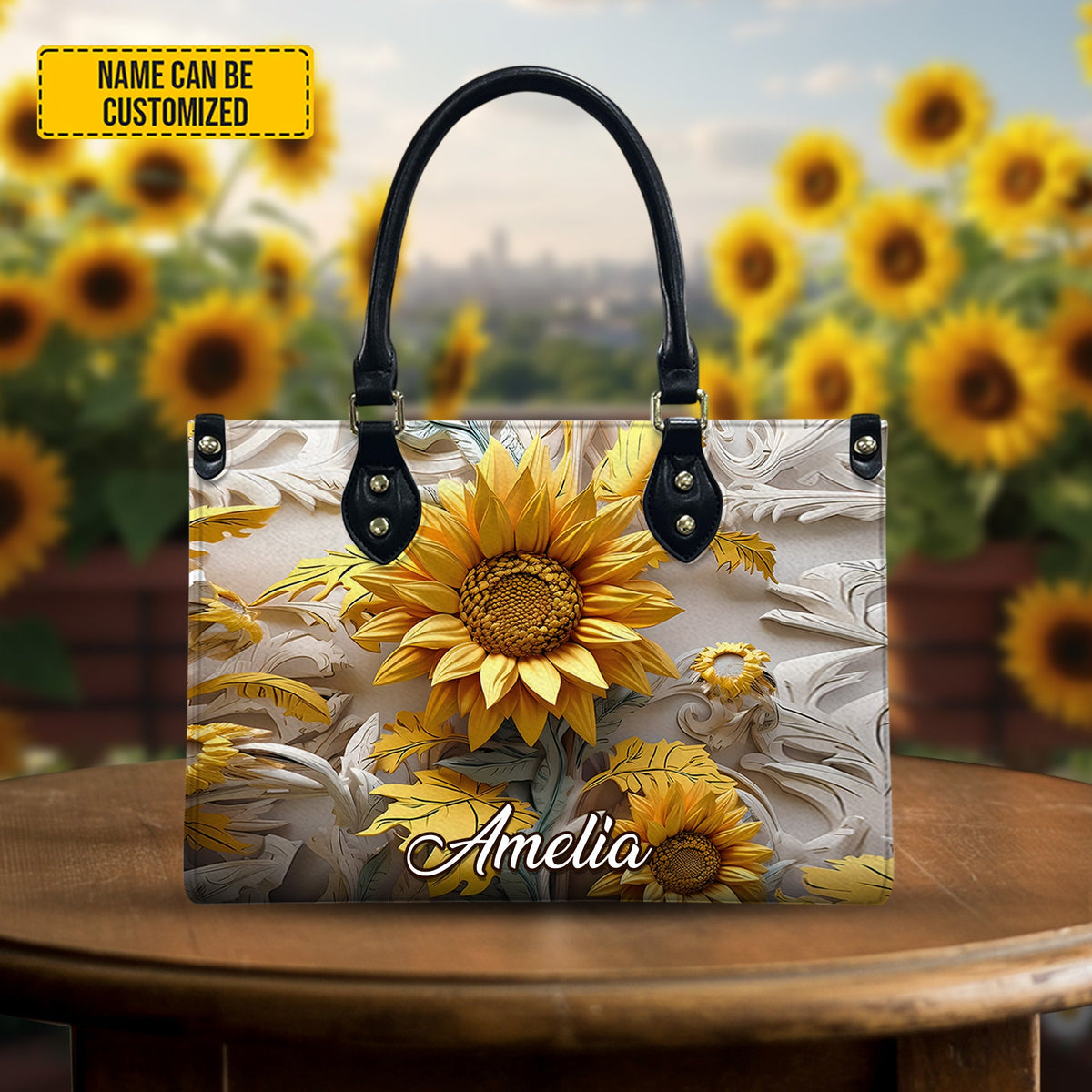 Personalized Sunflower Leather Handbag