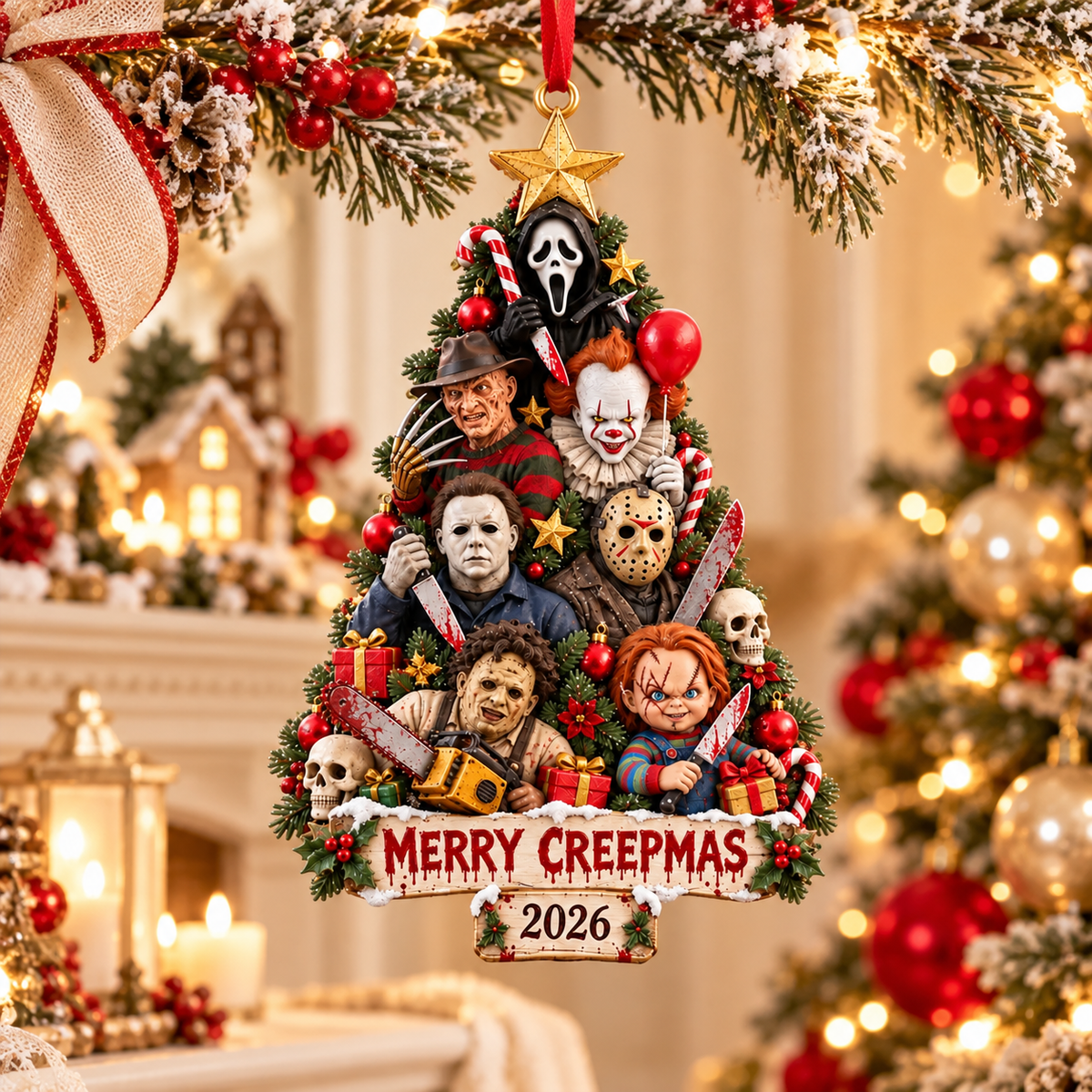 Creepy Horror Christmas Wooden Ornament - Funny Halloween Christmas Gift for Horror Fans