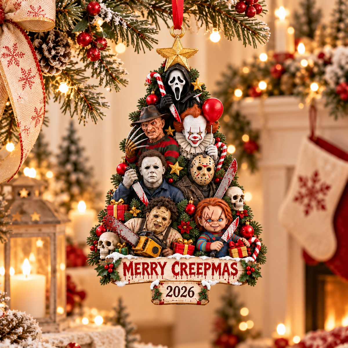 Creepy Horror Christmas Wooden Ornament - Funny Halloween Christmas Gift for Horror Fans