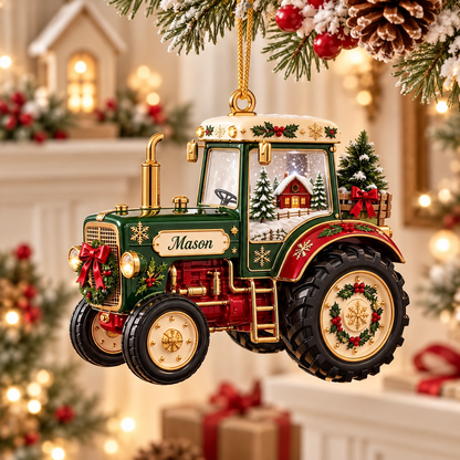Personalized Tractor Christmas Ornament, Custom Name Green Tractor Holiday Tree Decor