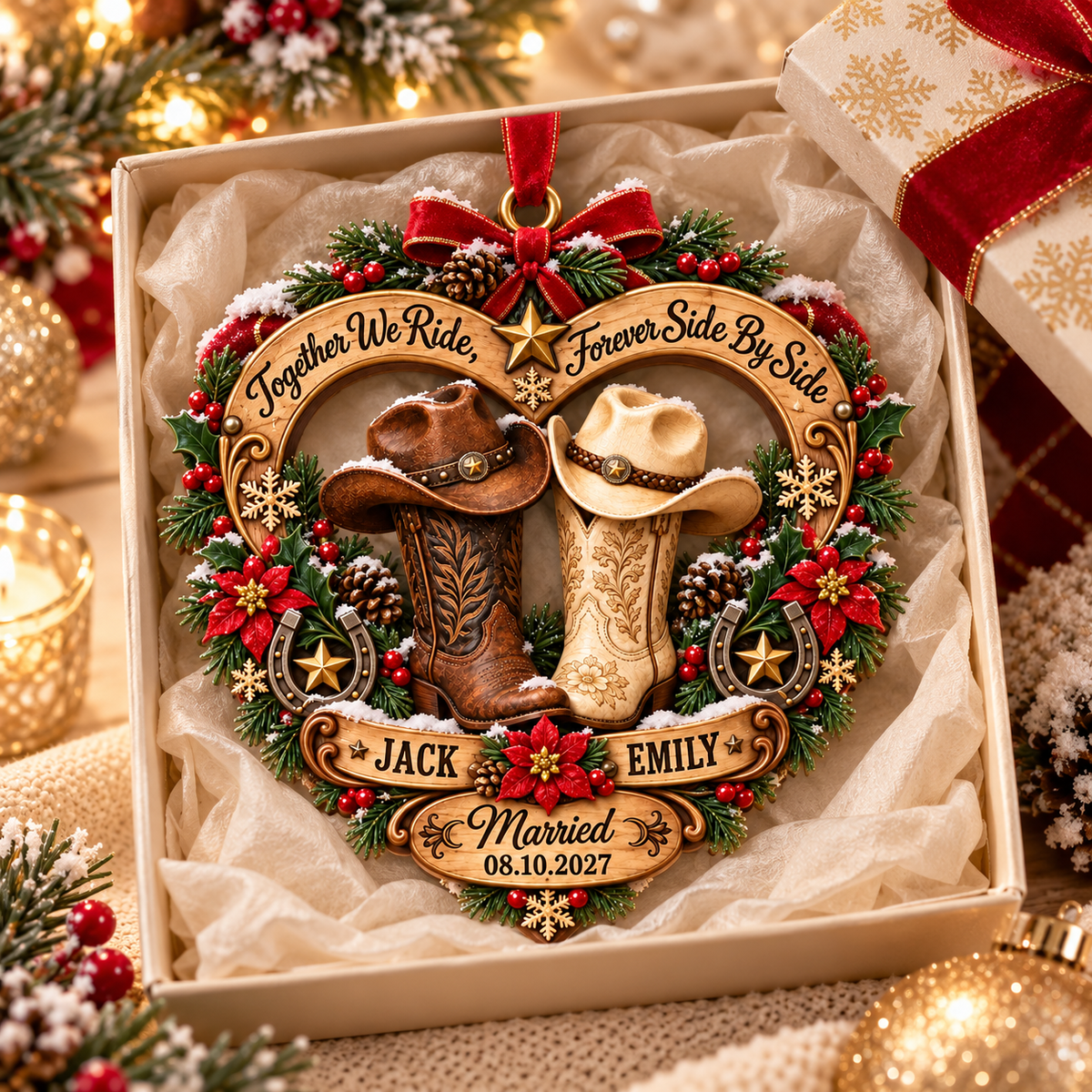 Western Cowboy Boots Married Christmas Ornament, Together We Ride Forever Side By Side