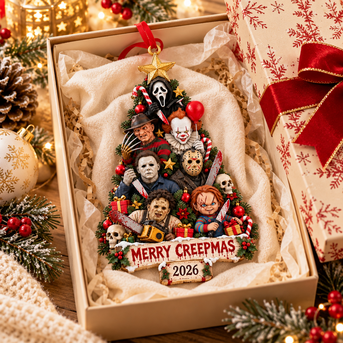 Creepy Horror Christmas Wooden Ornament - Funny Halloween Christmas Gift for Horror Fans