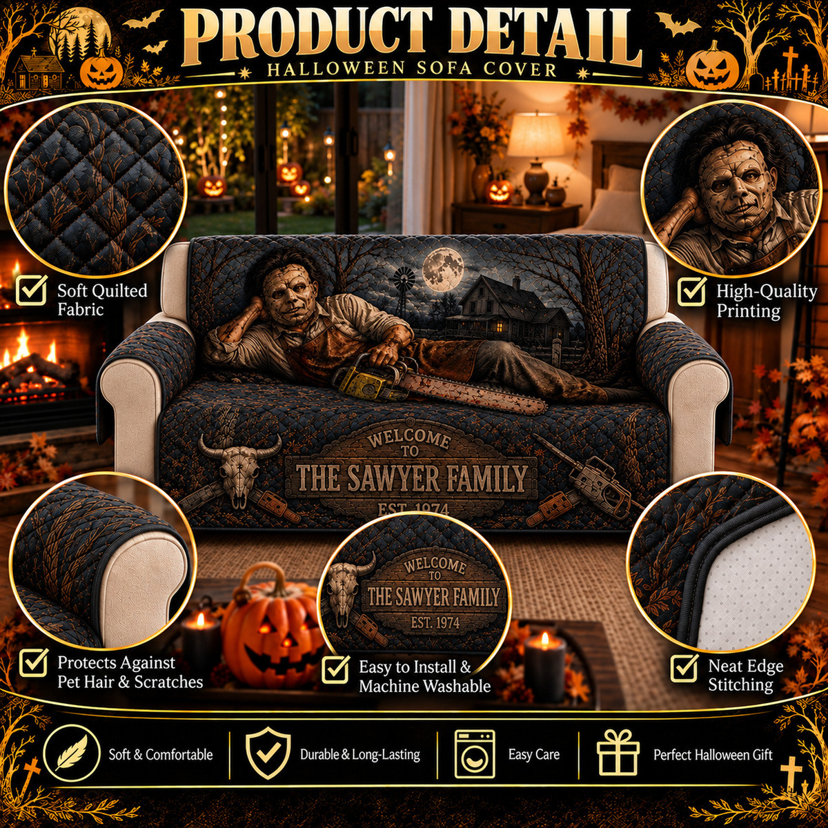 Personalized Chainsaw Killer Halloween Furniture Sofa Cover – Halloween Horror Quilted Home Decor