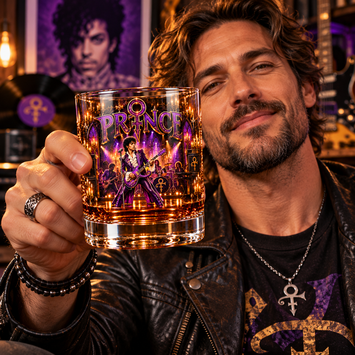 Prince Legend Music Whiskey Glass, Classic Pop Rock Lowball Glass, Purple Rain Barware