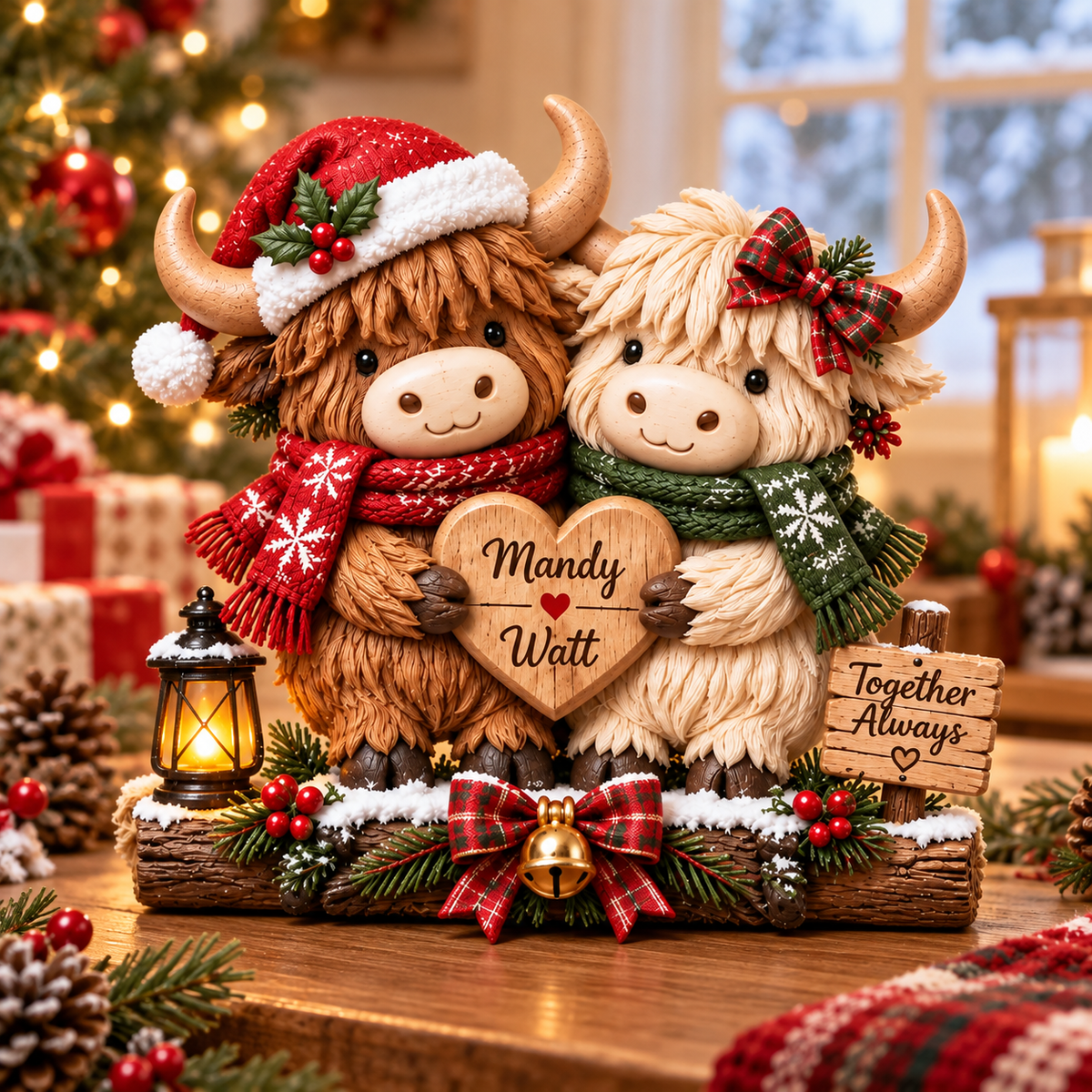 Personalized Highland Cow Couple Christmas Wooden Block
