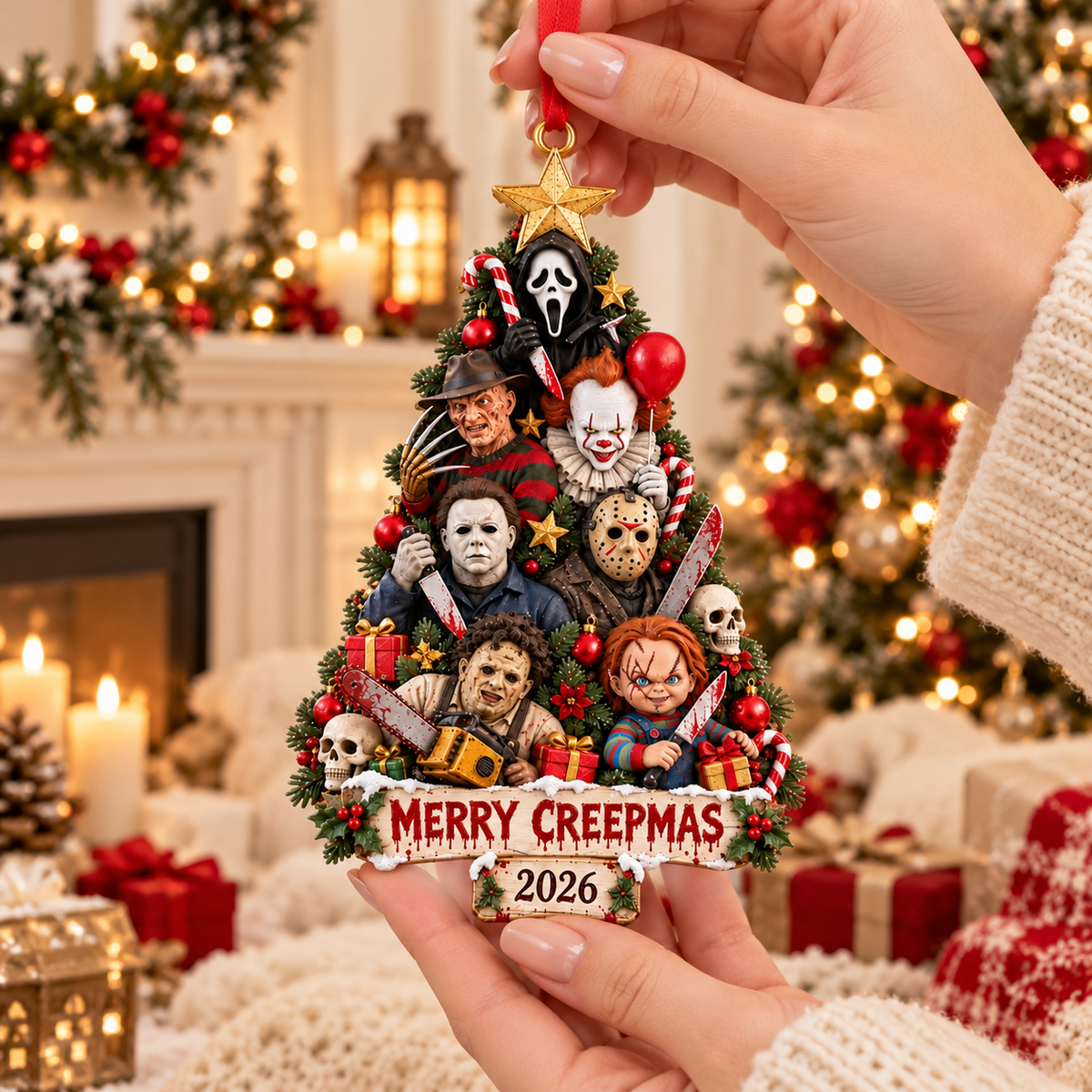 Creepy Horror Christmas Wooden Ornament - Funny Halloween Christmas Gift for Horror Fans
