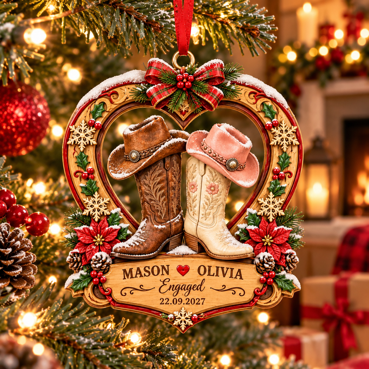 Personalized Western Cowboy Boots Christmas Ornament, Custom Couples Engaged, Country Heart Christmas Tree Hanging Decoration
